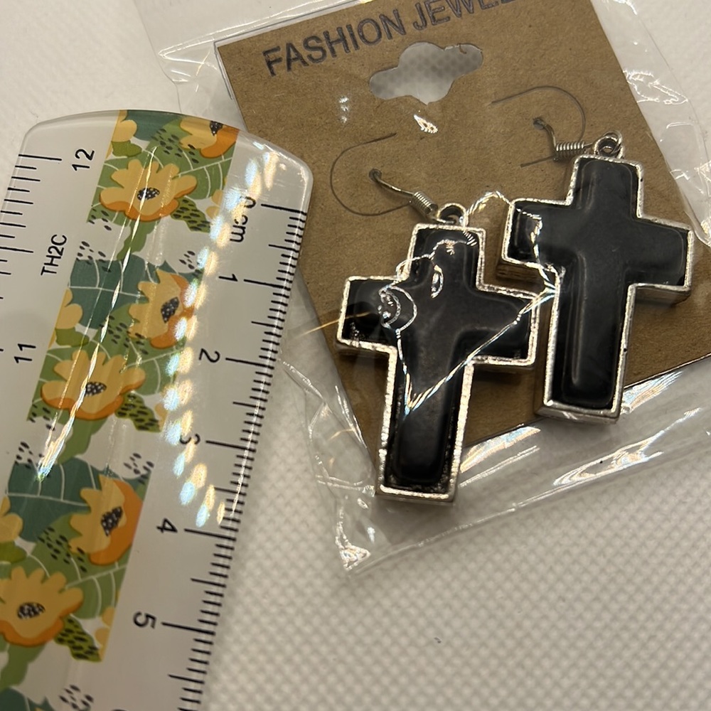 Black Howlite Cross Earrings - Picture 2 of 2